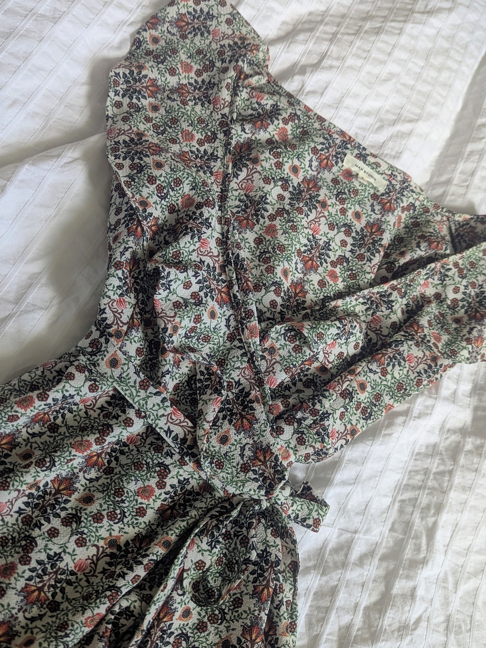 Max Studio Wrap Cream Floral Dress with Green and Rust Accents